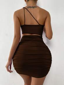 SHEIN SXY One Shoulder Cut Out Ruched Bodycon Dress - Chocolate Brown - View 2
