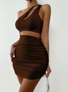 SHEIN SXY One Shoulder Cut Out Ruched Bodycon Dress - Chocolate Brown - View 4