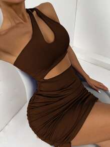 SHEIN SXY One Shoulder Cut Out Ruched Bodycon Dress - Chocolate Brown - View 5