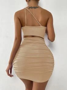 SHEIN SXY 單肩鏤空褶邊緊身連衣裙 - 卡其色 - 查看 2