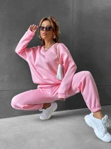 SHEIN Unity Bộ đồ hai mảnh nữ Túi màu trơn Giải trí - Màu Hồng baby - Xem 1