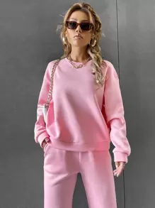 SHEIN Unity Bộ đồ hai mảnh nữ Túi màu trơn Giải trí - Màu Hồng baby - Xem 5