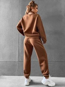 SHEIN Unity 素色落肩袖運動衫和衛褲 - 咖啡棕 - 查看 2