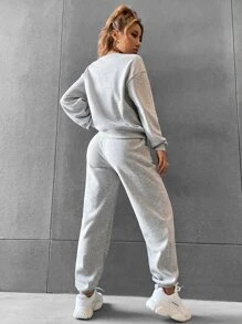 SHEIN Unity Sudadera de hombros caídos unicolor con pantalones deportivos - Gris Claro - Ver 2