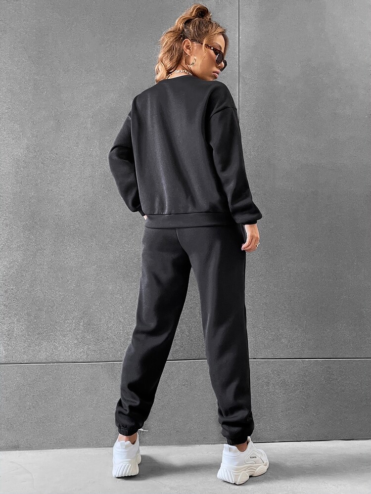 SHEIN Unity Solid Drop Shoulder Sweatshirt & Sweatpants - Black - View 2