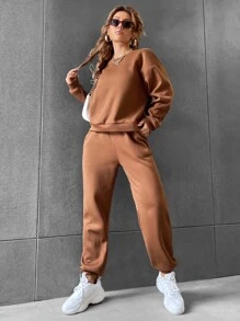 SHEIN Unity 素色落肩袖運動衫和衛褲 - 咖啡棕 - 查看 3