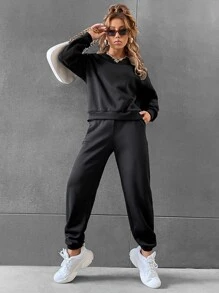 SHEIN Unity Solid Drop Shoulder Sweatshirt & Sweatpants - Black - View 3