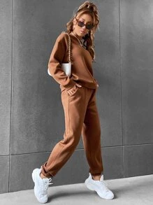 SHEIN Unity 素色落肩袖運動衫和衛褲 - 咖啡棕 - 查看 4