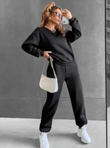 SHEIN Unity Solid Drop Shoulder Sweatshirt & Sweatpants - Black - View 4