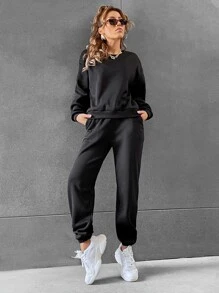 SHEIN Unity Solid Drop Shoulder Sweatshirt & Sweatpants - Black - View 5