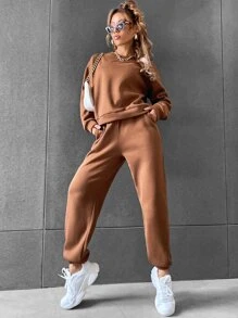 SHEIN Unity 素色落肩袖運動衫和衛褲 - 咖啡棕 - 查看 5