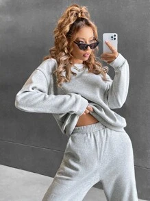 SHEIN Unity Sudadera de hombros caídos unicolor con pantalones deportivos - Gris Claro - Ver 6