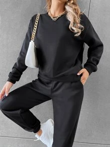 SHEIN Unity Solid Drop Shoulder Sweatshirt & Sweatpants - Black - View 6