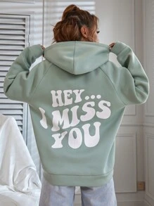 SHEIN Unity Capucha con estampado de slogan de manga raglán - verde menta - Ver 1