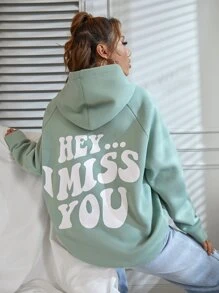 SHEIN Unity Capucha con estampado de slogan de manga raglán - verde menta - Ver 6