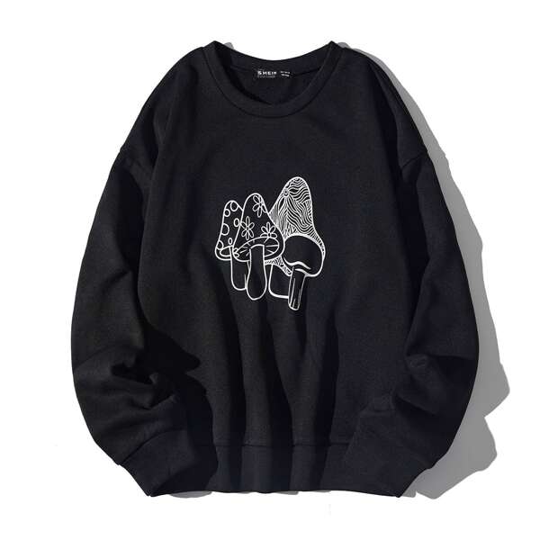 

Mushroom Print Drop Shoulder Thermal Pullover, Black