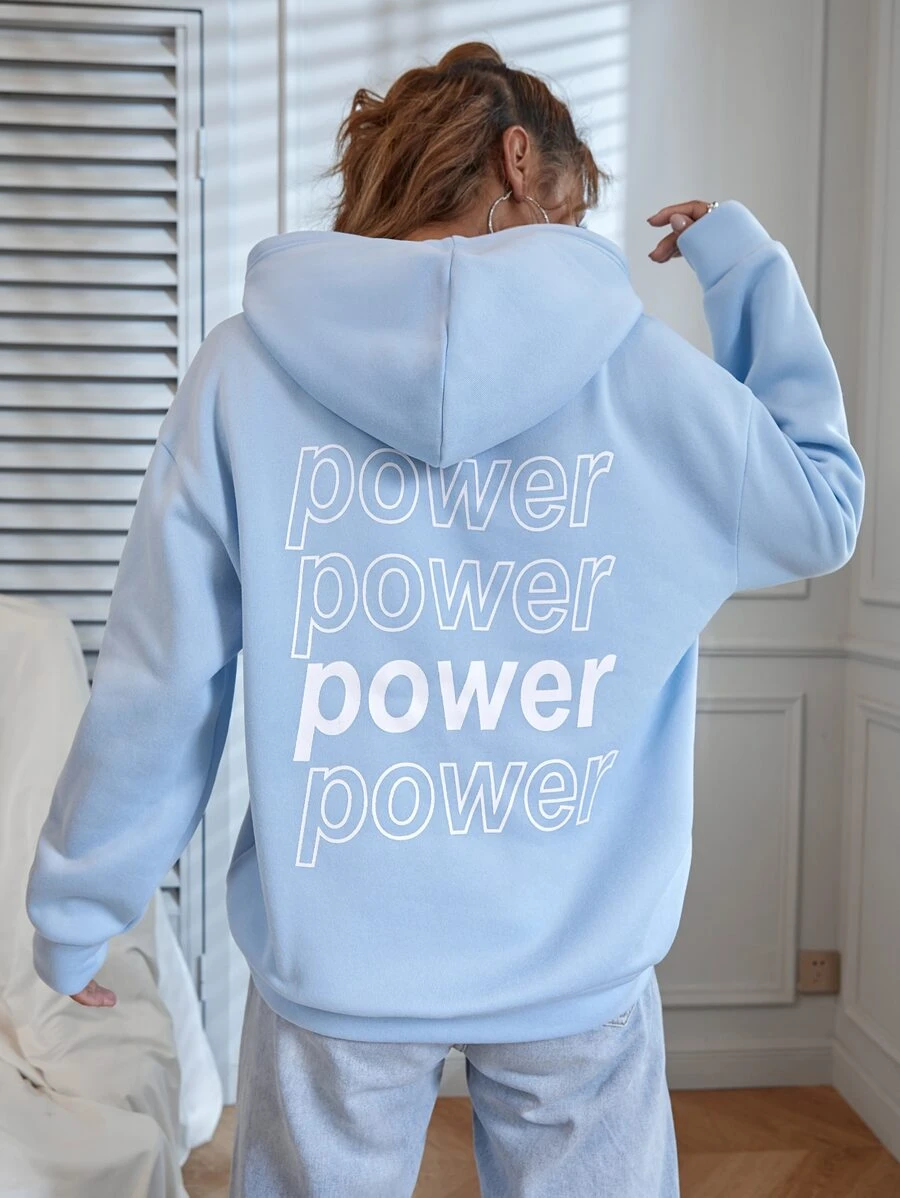 SHEIN MOOSTA 字母图案落肩保暖连帽套头衫（秋季款） - 淺藍色 - 查看 1