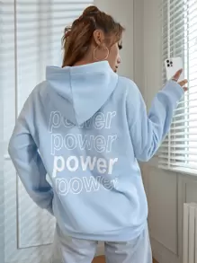 SHEIN MOOSTA 字母图案落肩保暖连帽套头衫（秋季款） - 淺藍色 - 查看 5