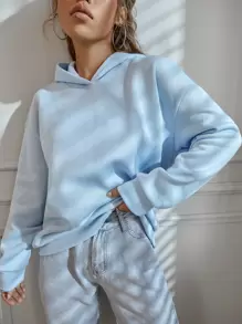 SHEIN MOOSTA 字母图案落肩保暖连帽套头衫（秋季款） - 淺藍色 - 查看 6