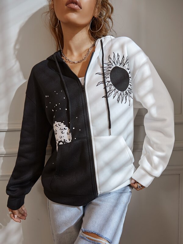 Is That The New Sun And Moon Print Color Block Drop Shoulder Drawstring