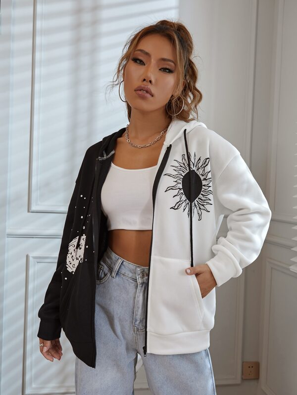 Is That The New Sun And Moon Print Color Block Drop Shoulder Drawstring