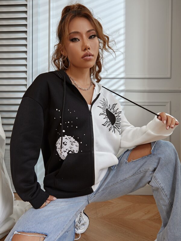 Is That The New Sun And Moon Print Color Block Drop Shoulder Drawstring