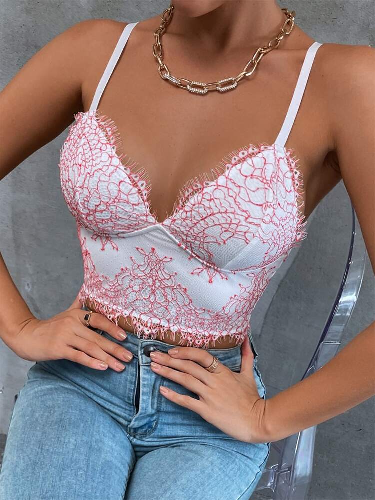 Lace Embroidery Raw Edge Cami Top - Multicolor - View 4