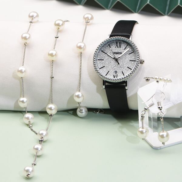 

1pc Round Pointer Date Quartz Watch & 5pcs Jewelry Set
