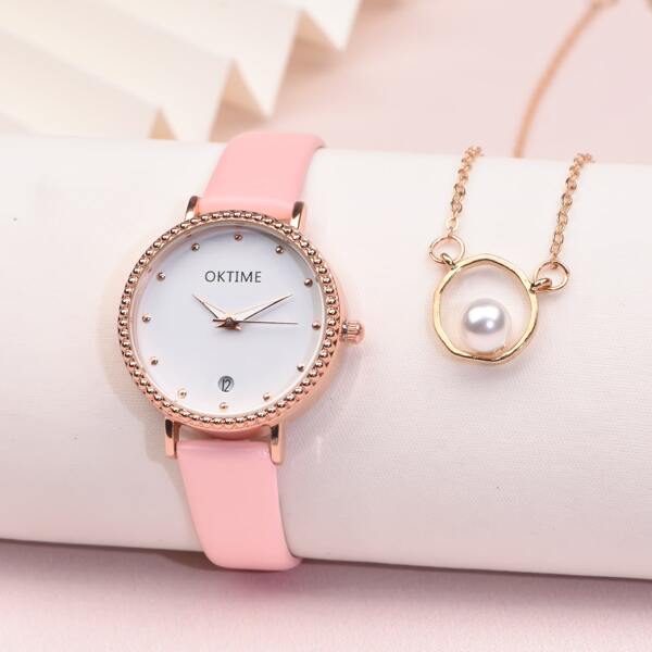 

1pc Round Pointer Date Quartz Watch & 1pc Bracelet