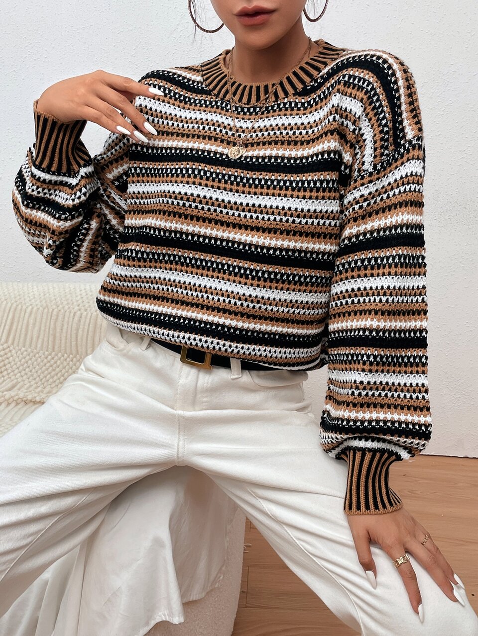 Drop Shoulder Lantern Sleeve Striped Colorblock Sweater,Long Sleeve Tops Knit Pullover Fall Winter