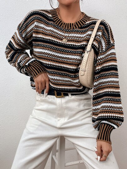 Chiquease Drop Shoulder Lantern Sleeve Striped Colorblock Sweater,Long Sleeve Tops Knit Pullover Fall Winter Outfit