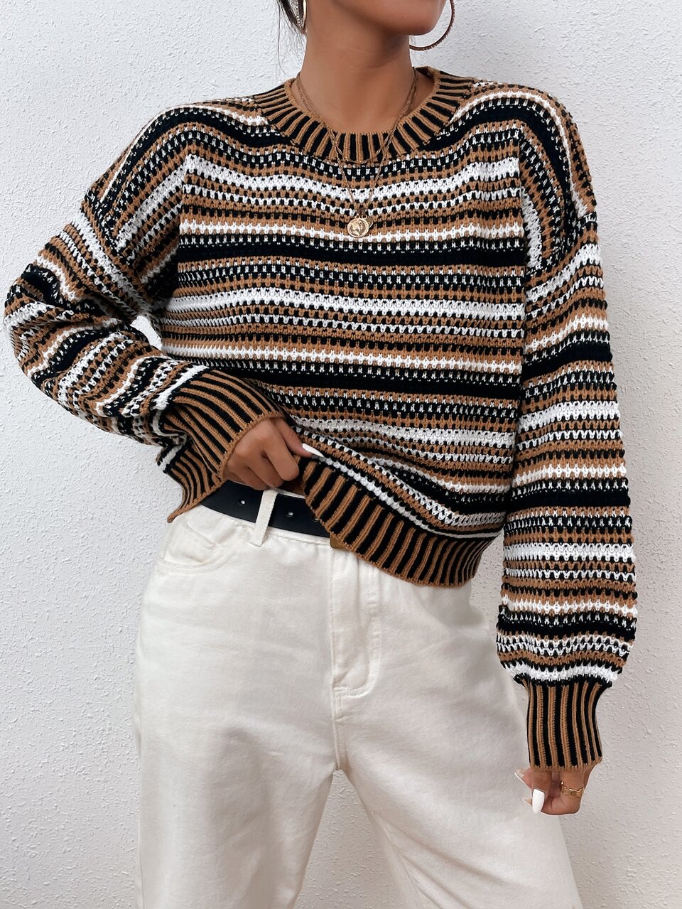 Drop Shoulder Lantern Sleeve Striped Colorblock Sweater,Long Sleeve Tops Knit Pullover Fall Winter