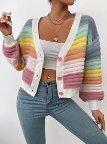 SHEIN Unity V-neck Colourblock Button Up Cardigan - Multicolor - View 7