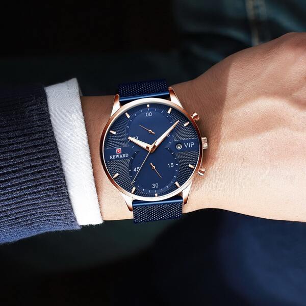 

Men Mesh Strap Round Pointer Date Quartz Watch