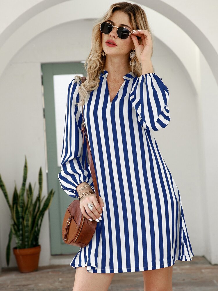 Striped Notched Neck Tunic Dress - Blue and White - View 5