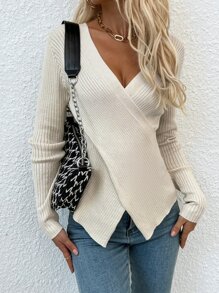 SHEIN Unity 纯色裹身V领针织套头衫 秋冬款 - 杏色 - 查看 1