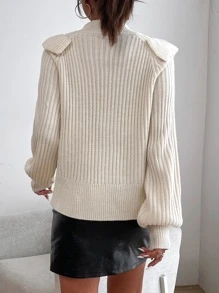 SHEIN Cottnline Solid Ruffle Trim Sweater Knit Pullover Fall Winter - Beige - View 2