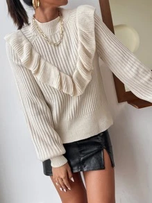 SHEIN Cottnline Solid Ruffle Trim Sweater Knit Pullover Fall Winter - Beige - View 3