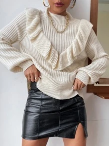 SHEIN Cottnline Solid Ruffle Trim Sweater Knit Pullover Fall Winter - Beige - View 5