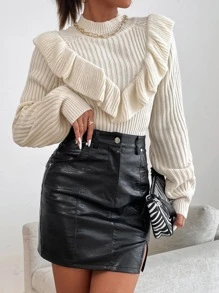 SHEIN Cottnline Solid Ruffle Trim Sweater Knit Pullover Fall Winter - Beige - View 6