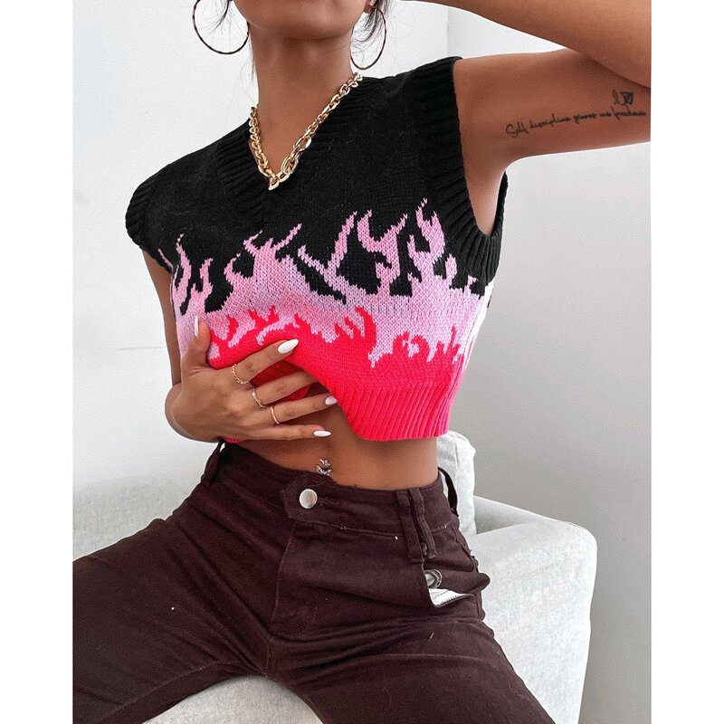

Fire Pattern V-neck Crop Sweater Vest, Multicolor