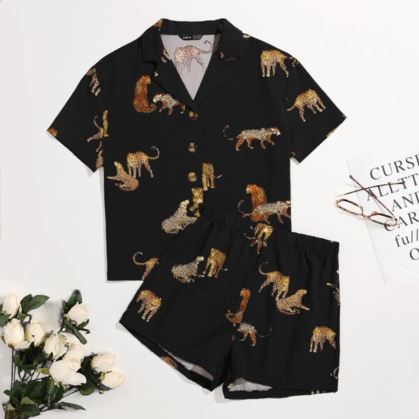 

Cheetah Print Lapel Collar Button Front Blouse With Shorts, Black