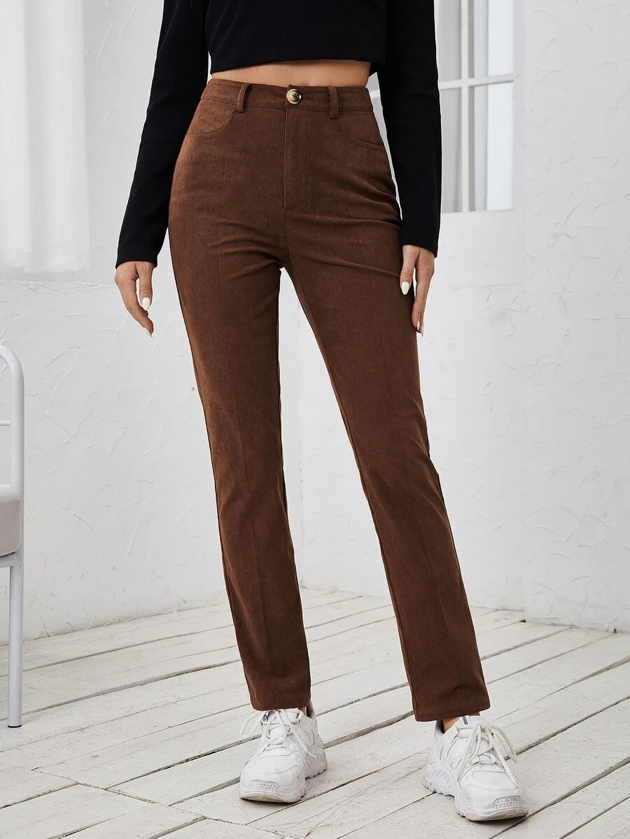SHEIN Pantalones rectos de talle alto de pana - Café integral - Ver 1