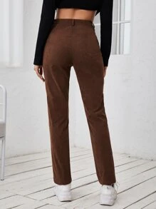 SHEIN Pantalones rectos de talle alto de pana - Café integral - Ver 2