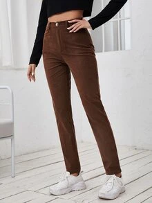 SHEIN Pantalones rectos de talle alto de pana - Café integral - Ver 4
