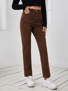 SHEIN Pantalones rectos de talle alto de pana - Café integral - Ver 5