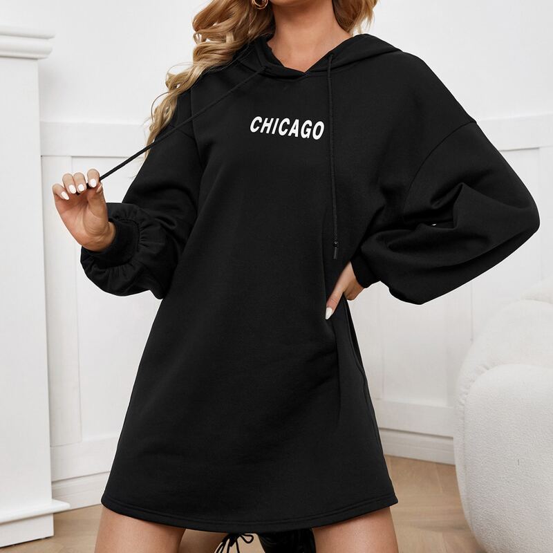 

Letter Graphic Hooded Sweatshirt Dress, Black