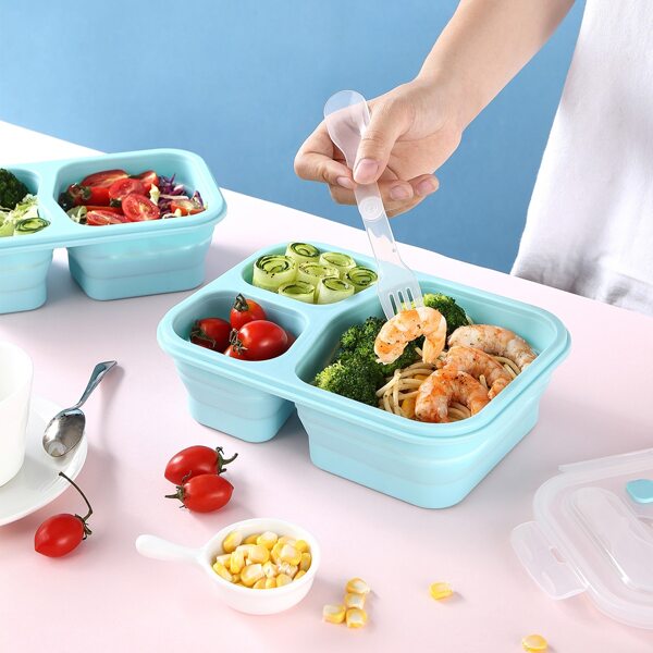 

1pc Three Grid Foldable Lunch Box, Blue