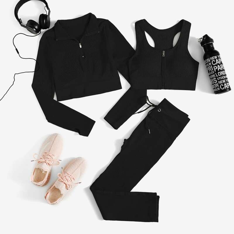 

3pcs Seamless High Stretch Sports Set, Black