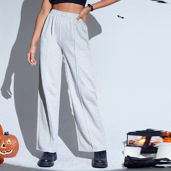

Patched High Waist Wide Leg Sweatpants, Light grey